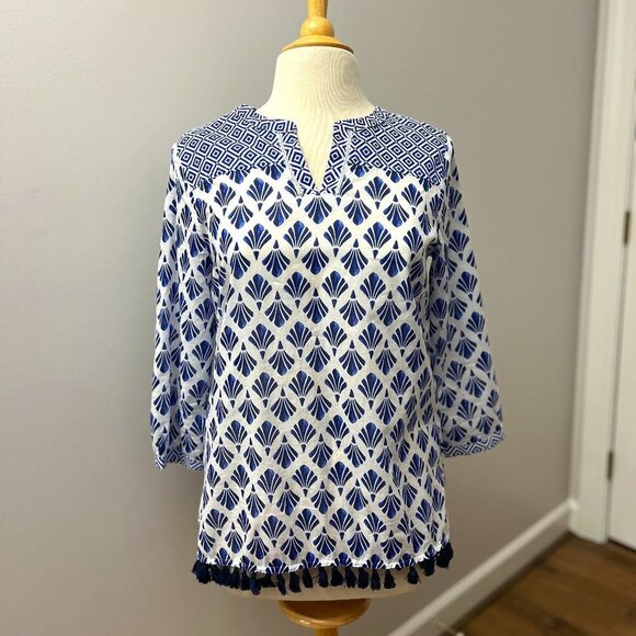 NEW Talbots Tassel Trimmed Cotton Tunic Blue and White Pattern Sz S - Picture 1 of 14